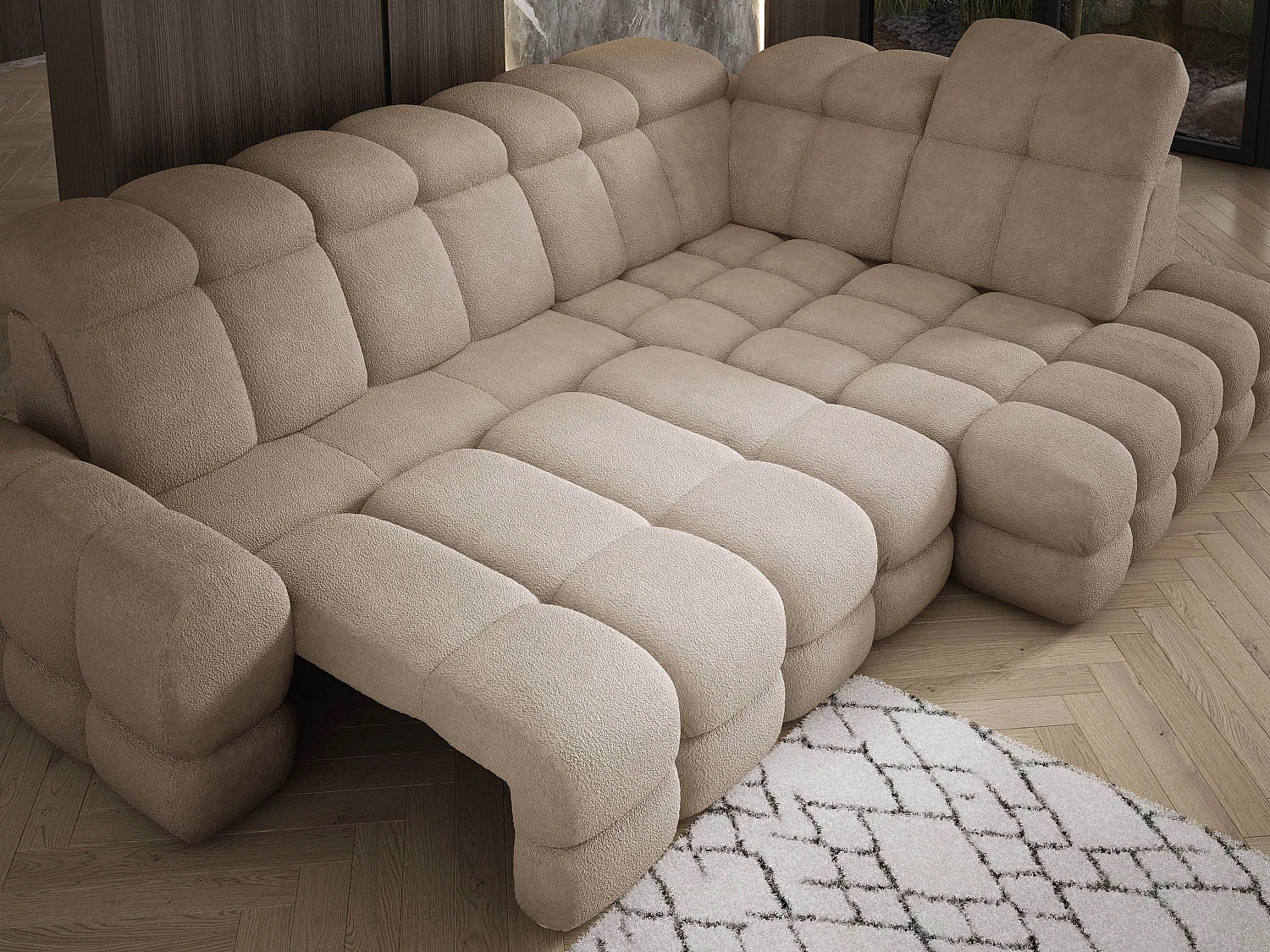 Canapé d'angle Tollo Beige tissu Anthology côté droit 302x217x105 cm, forme L, convertible, coffre 120x85x17 cm, réglable électriquement