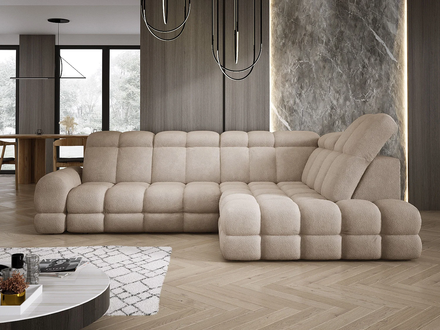 Canapé d'angle Tollo Beige tissu Anthology côté droit 302x217x105 cm, forme L, convertible, coffre 120x85x17 cm, réglable électriquement