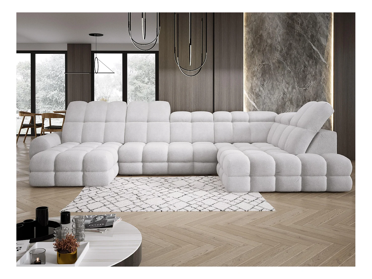 Canapé d’Angle Tollo Argent Tissu Anthology Côté Droit 400x217x105 cm, Forme U, Convertible, Coffre 120x85x17 cm, Réglable Électrique