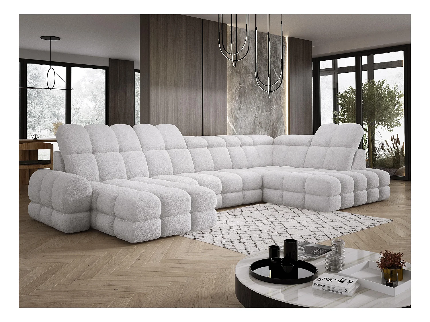 Canapé d’Angle Tollo Argent Tissu Anthology Côté Droit 400x217x105 cm, Forme U, Convertible, Coffre 120x85x17 cm, Réglable Électrique