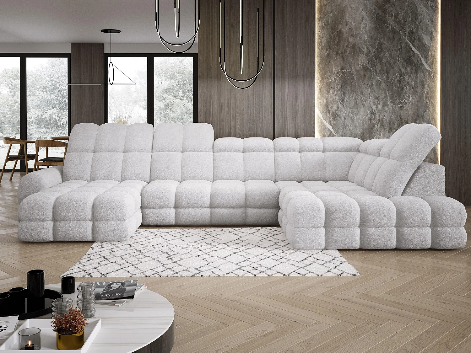 Canapé d’Angle Tollo Argent Tissu Anthology Côté Droit 400x217x105 cm, Forme U, Convertible, Coffre 120x85x17 cm, Réglable Électrique