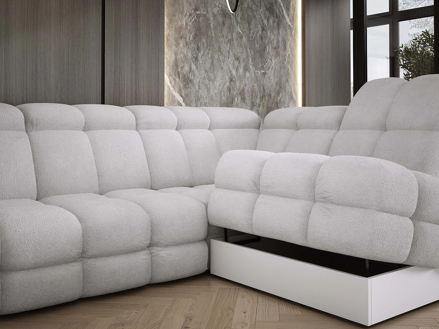 Canapé d’Angle Tollo Argent Tissu Anthology Côté Droit 400x217x105 cm, Forme U, Convertible, Coffre 120x85x17 cm, Réglable Électrique