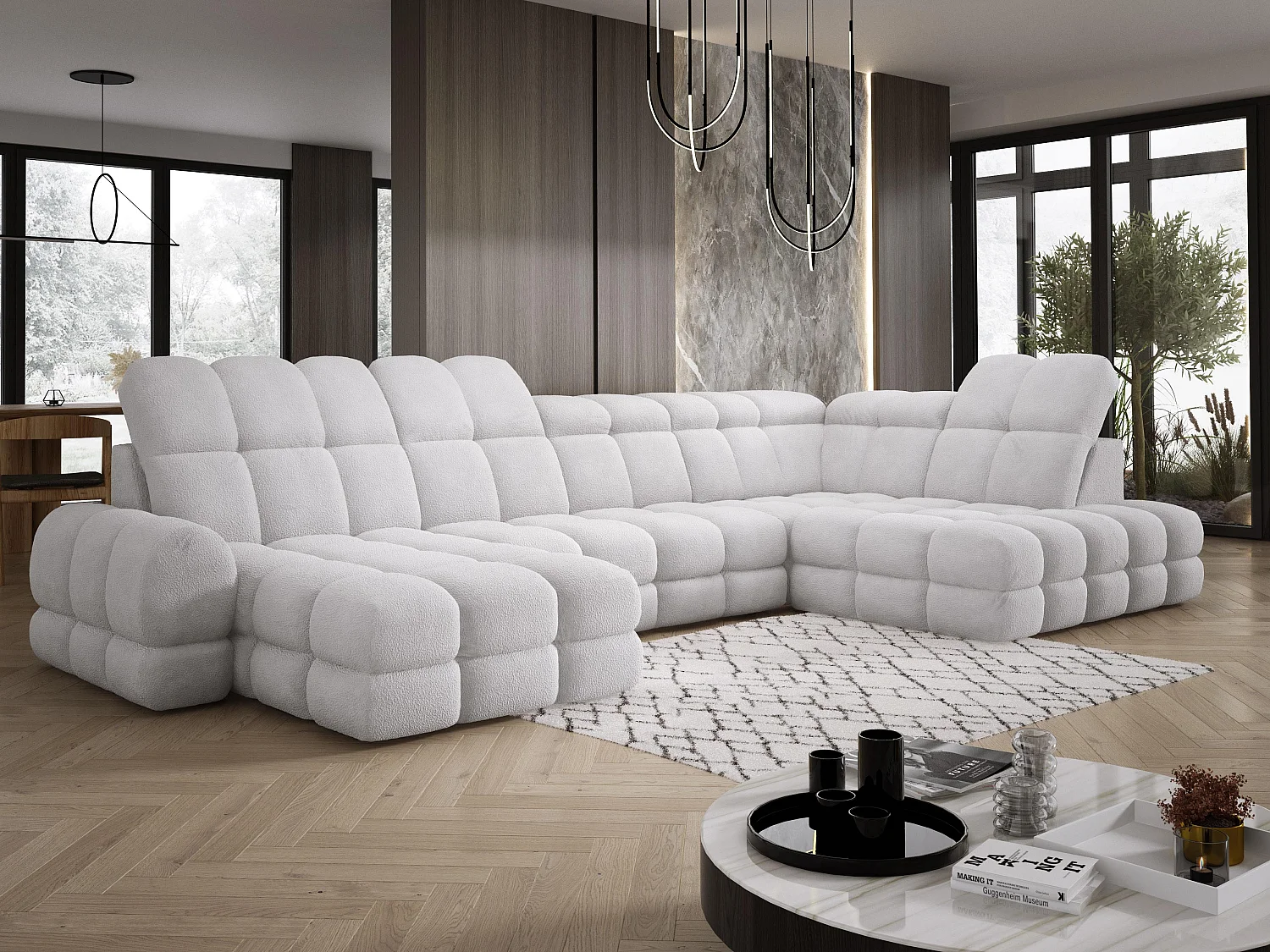 Canapé d’Angle Tollo Argent Tissu Anthology Côté Droit 400x217x105 cm, Forme U, Convertible, Coffre 120x85x17 cm, Réglable Électrique