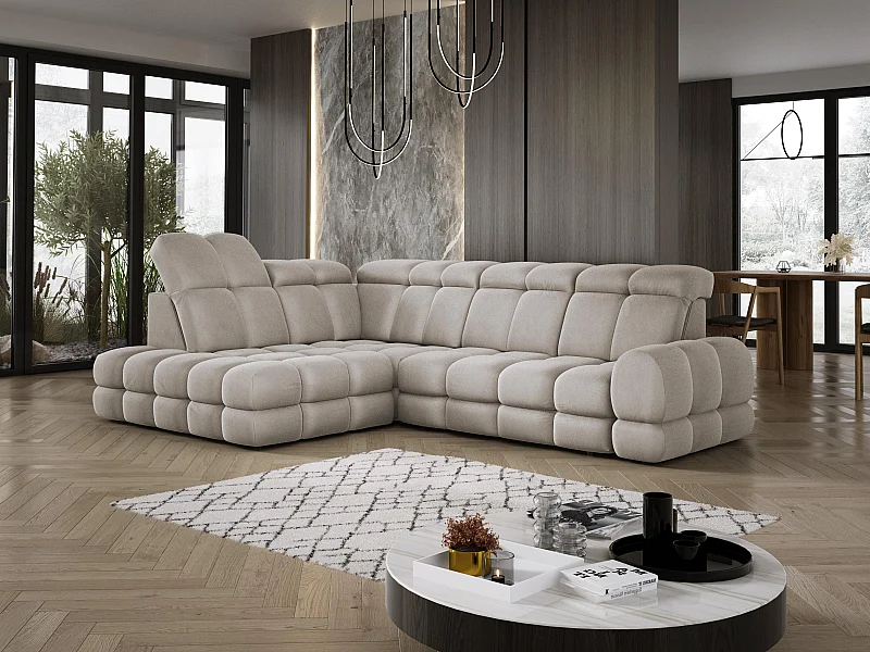 Ecksofa Tollo Cappuccino Solar-Stoff links 302x217x105 cm, L-Form, Schlaffunktion, Bettkasten 120x85x17 cm, elektrisch verstellbar
