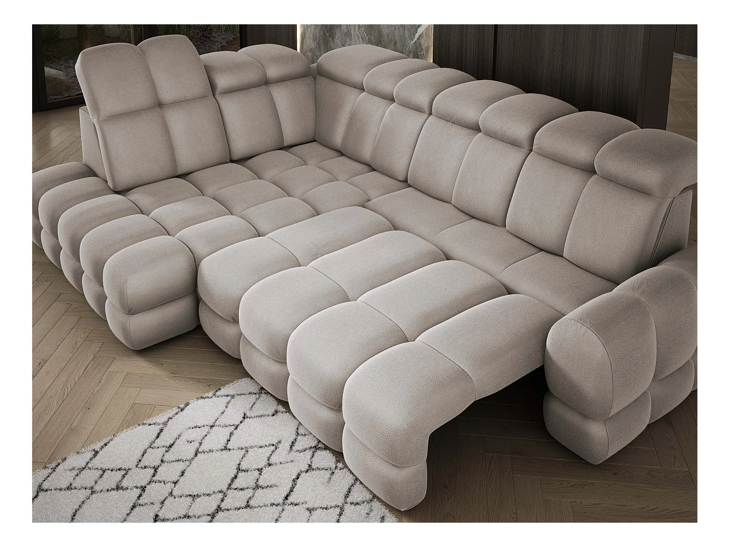 Canapé d'angle Tollo Cappuccino tissu Solar côté gauche 302x217x105 cm, forme L, convertible, coffre 120x85x17 cm, réglage électrique