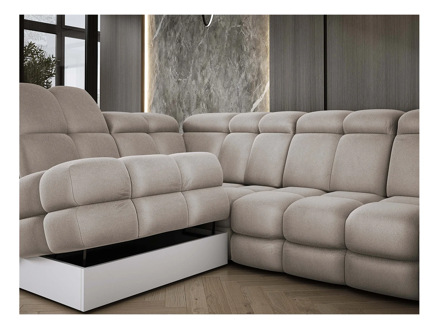 Canapé d'angle Tollo Cappuccino tissu Solar côté gauche 302x217x105 cm, forme L, convertible, coffre 120x85x17 cm, réglage électrique