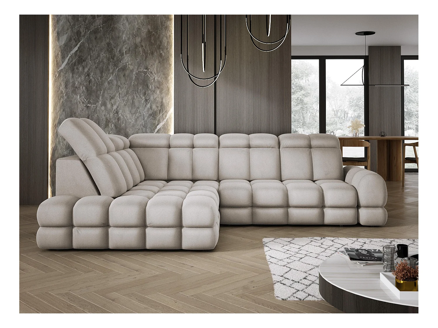 Canapé d'angle Tollo Cappuccino tissu Solar côté gauche 302x217x105 cm, forme L, convertible, coffre 120x85x17 cm, réglage électrique