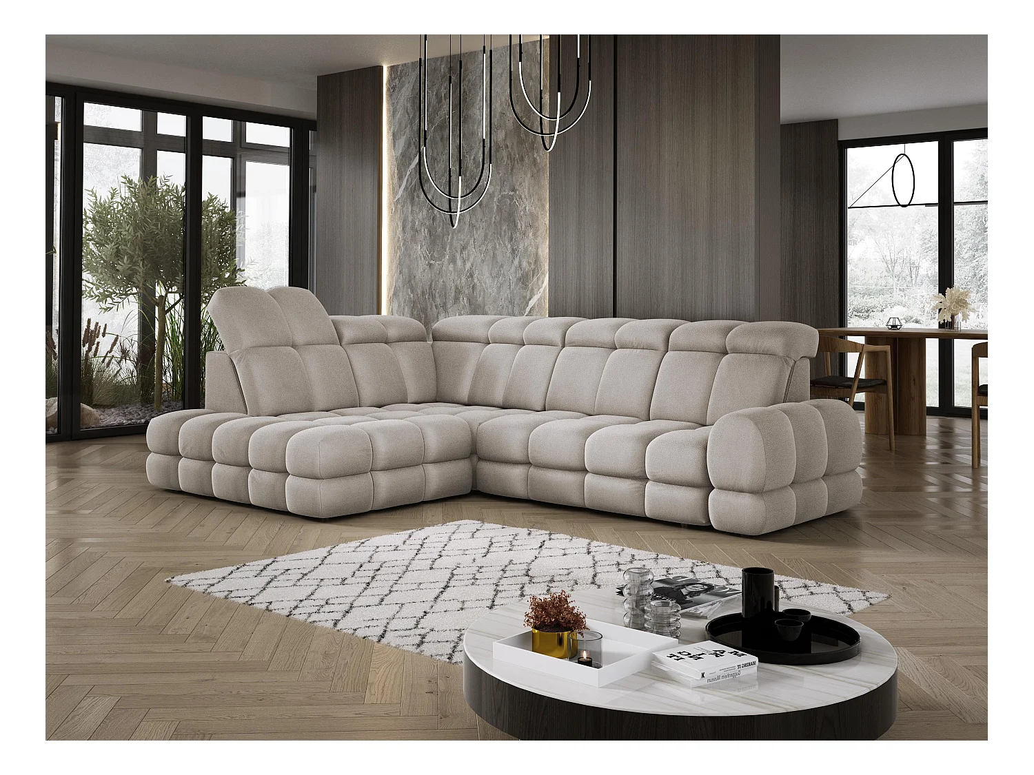 Ecksofa Tollo Cappuccino Solar-Stoff links 302x217x105 cm, L-Form, Schlaffunktion, Bettkasten 120x85x17 cm, elektrisch verstellbar