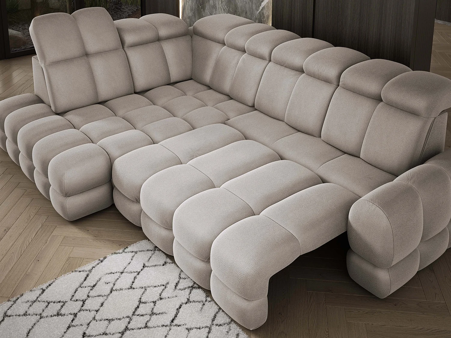 Canapé d'angle Tollo Cappuccino tissu Solar côté gauche 302x217x105 cm, forme L, convertible, coffre 120x85x17 cm, réglage électrique