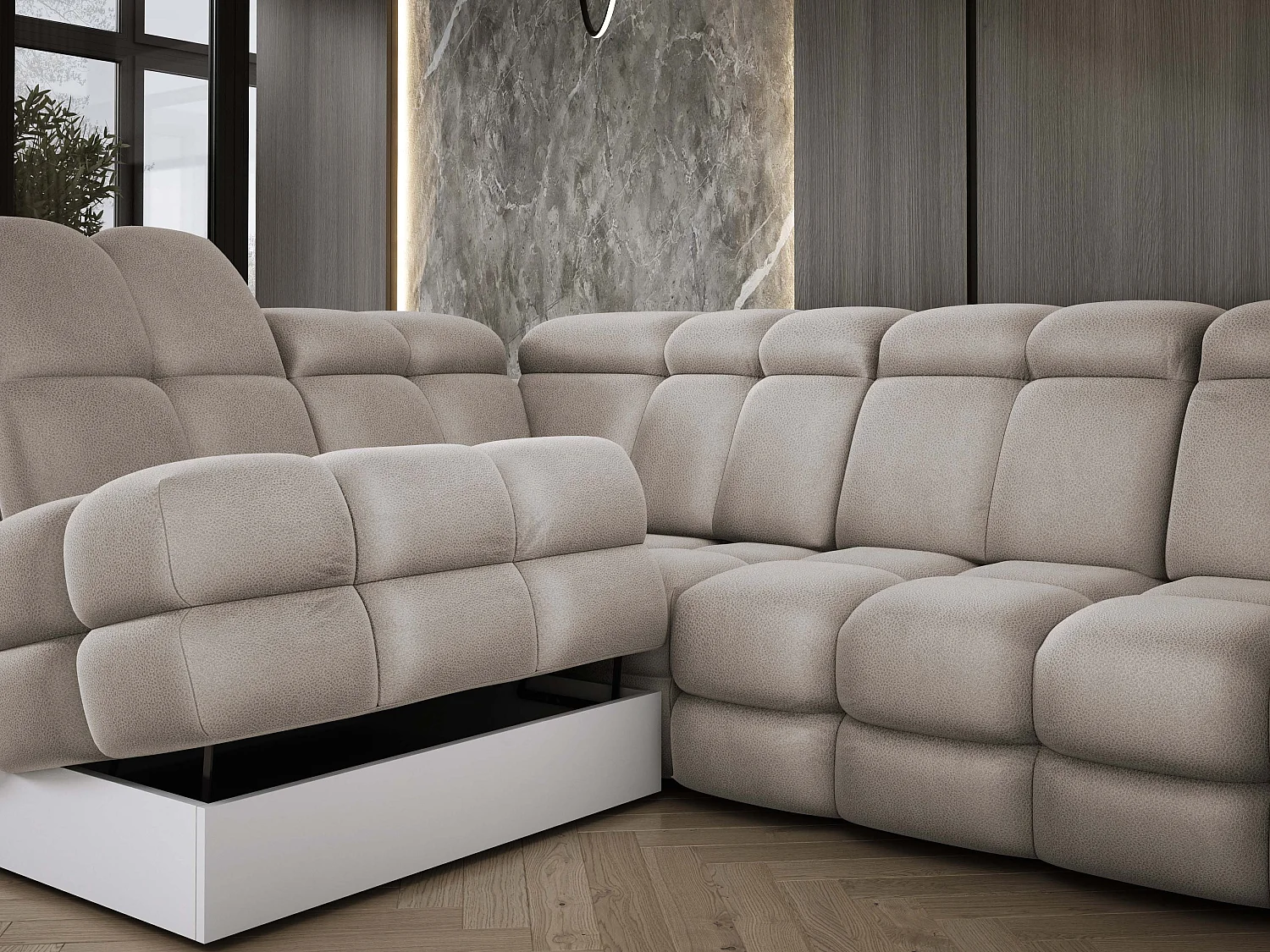 Canapé d'angle Tollo Cappuccino tissu Solar côté gauche 302x217x105 cm, forme L, convertible, coffre 120x85x17 cm, réglage électrique