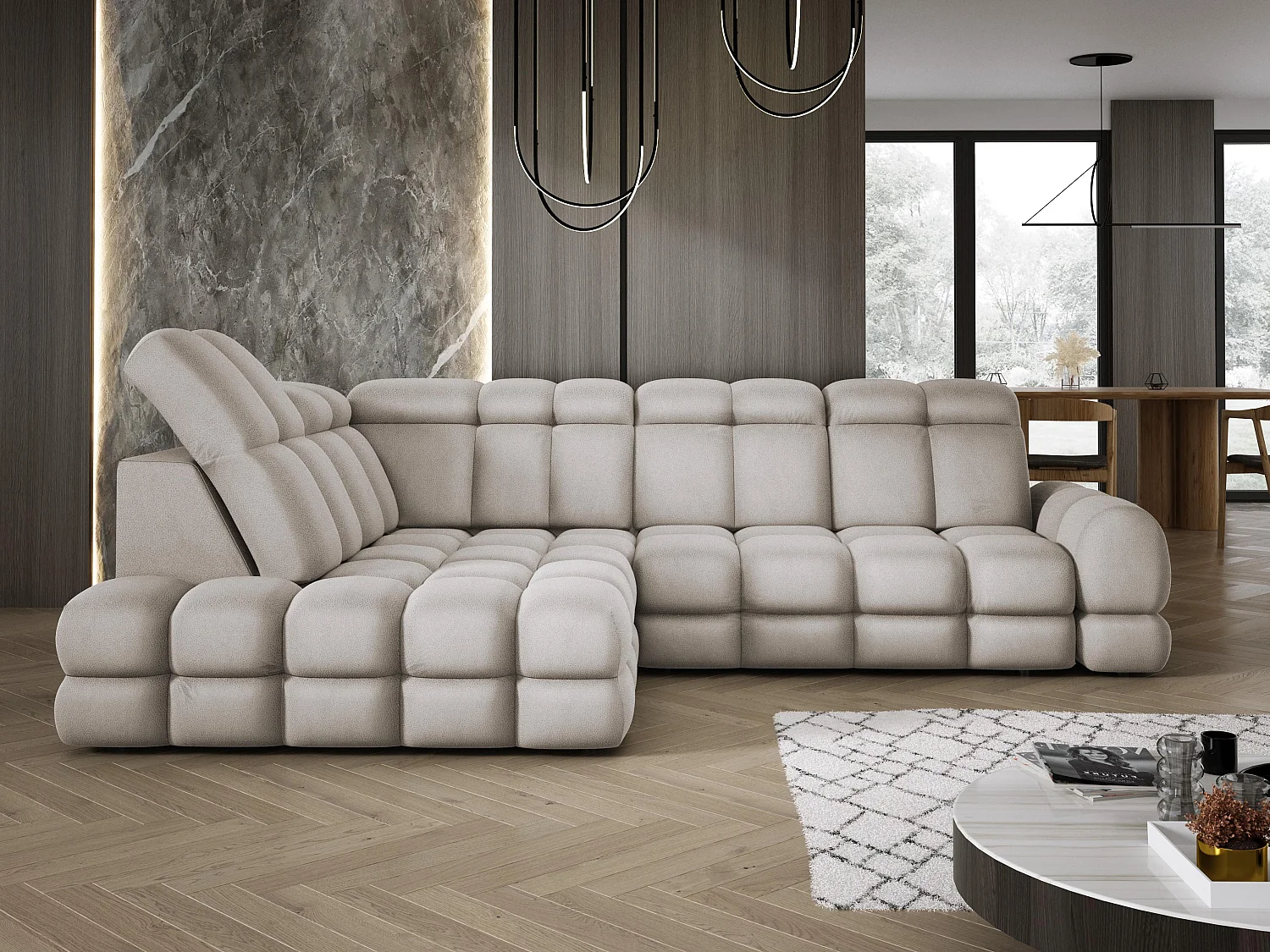 Canapé d'angle Tollo Cappuccino tissu Solar côté gauche 302x217x105 cm, forme L, convertible, coffre 120x85x17 cm, réglage électrique