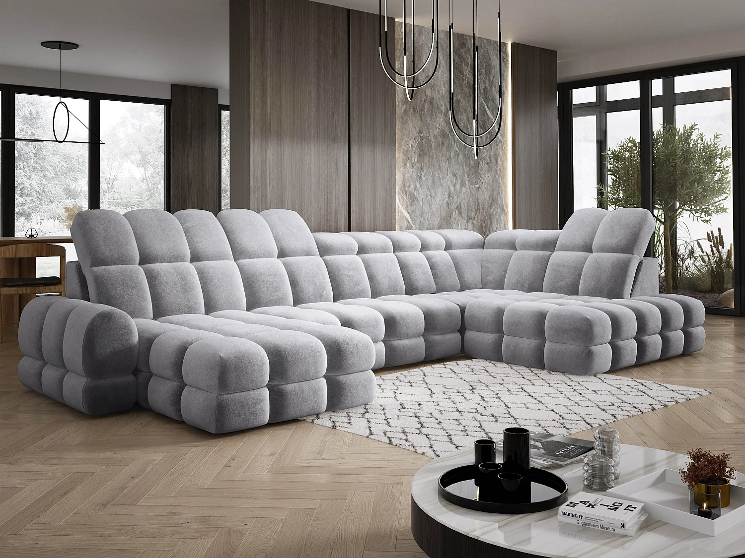 Canapé d’angle Tollo Gris tissu Salvador côté droit 400x217x105 cm, U-Form avec couchage, coffre 120x85x17 cm, réglable électriquement