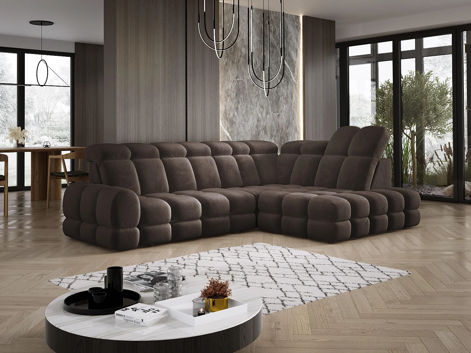 Canapé d'angle Tollo Gris tissu Salvador côté droit 302x217x105 cm, forme L, convertible, coffre 120x85x17 cm, réglage électrique