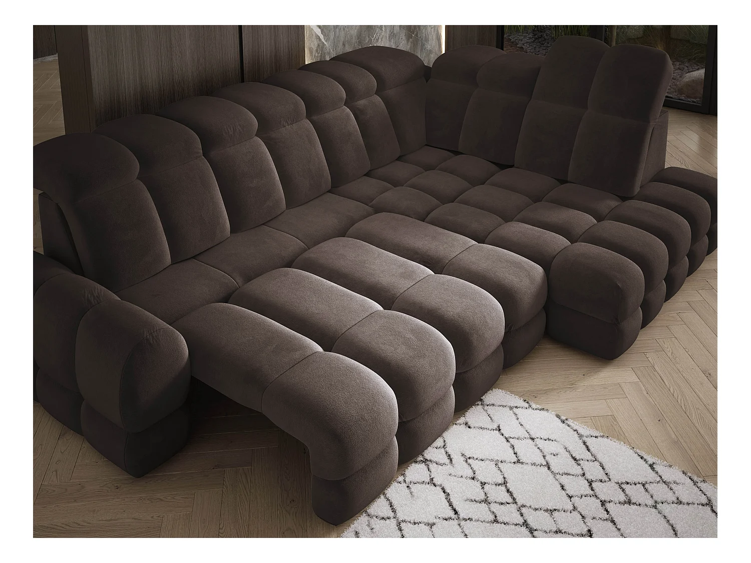 Canapé d'angle Tollo Gris tissu Salvador côté droit 302x217x105 cm, forme L, convertible, coffre 120x85x17 cm, réglage électrique