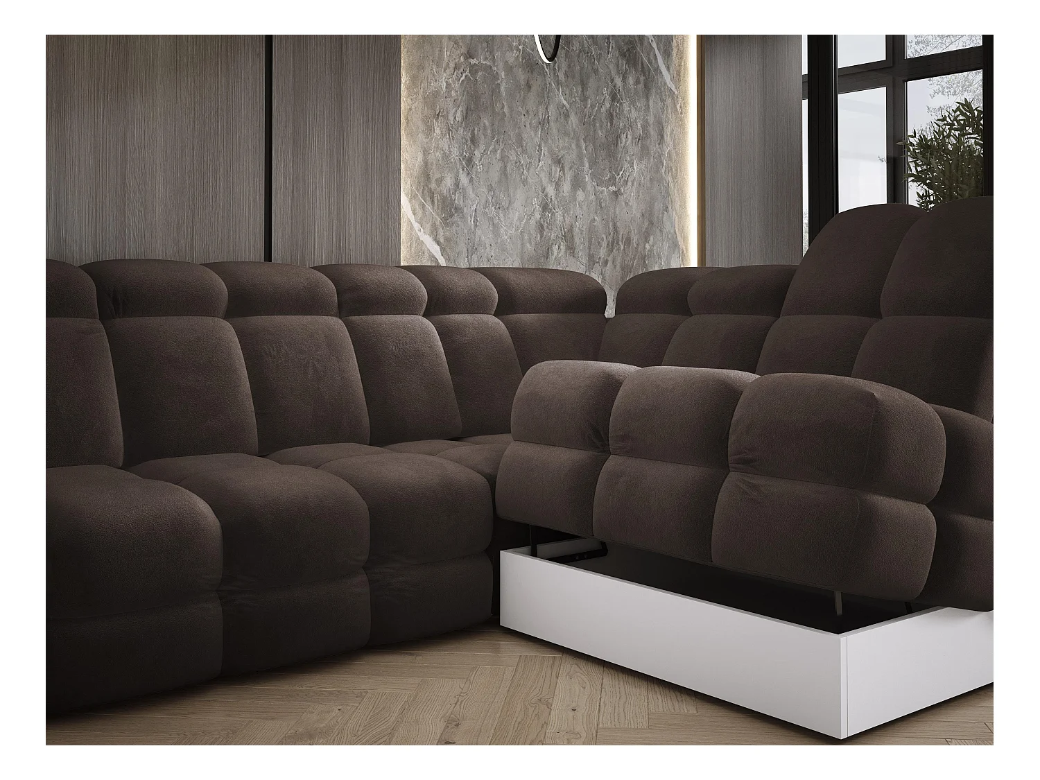 Canapé d'angle Tollo Gris tissu Salvador côté droit 302x217x105 cm, forme L, convertible, coffre 120x85x17 cm, réglage électrique