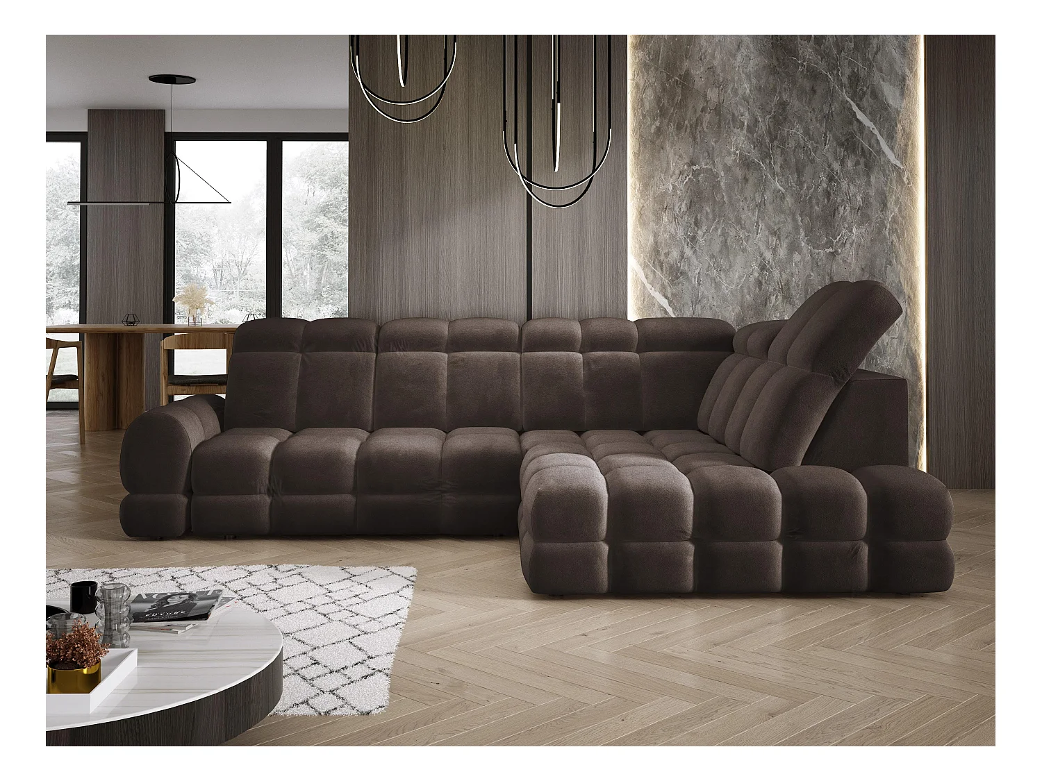 Canapé d'angle Tollo Gris tissu Salvador côté droit 302x217x105 cm, forme L, convertible, coffre 120x85x17 cm, réglage électrique