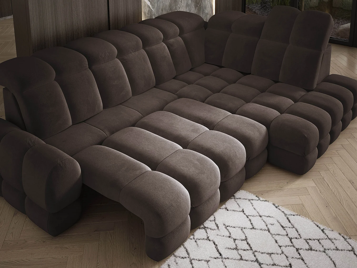 Canapé d'angle Tollo Gris tissu Salvador côté droit 302x217x105 cm, forme L, convertible, coffre 120x85x17 cm, réglage électrique