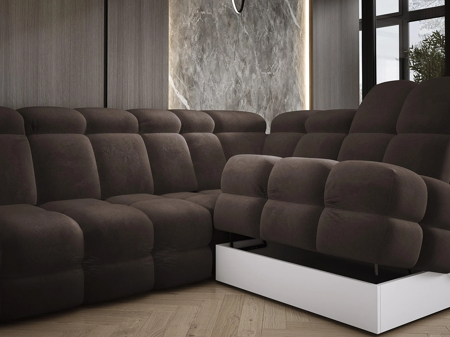 Canapé d'angle Tollo Gris tissu Salvador côté droit 302x217x105 cm, forme L, convertible, coffre 120x85x17 cm, réglage électrique