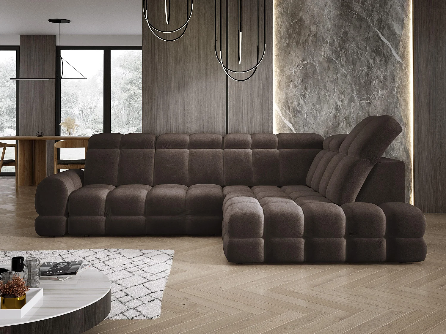 Canapé d'angle Tollo Gris tissu Salvador côté droit 302x217x105 cm, forme L, convertible, coffre 120x85x17 cm, réglage électrique