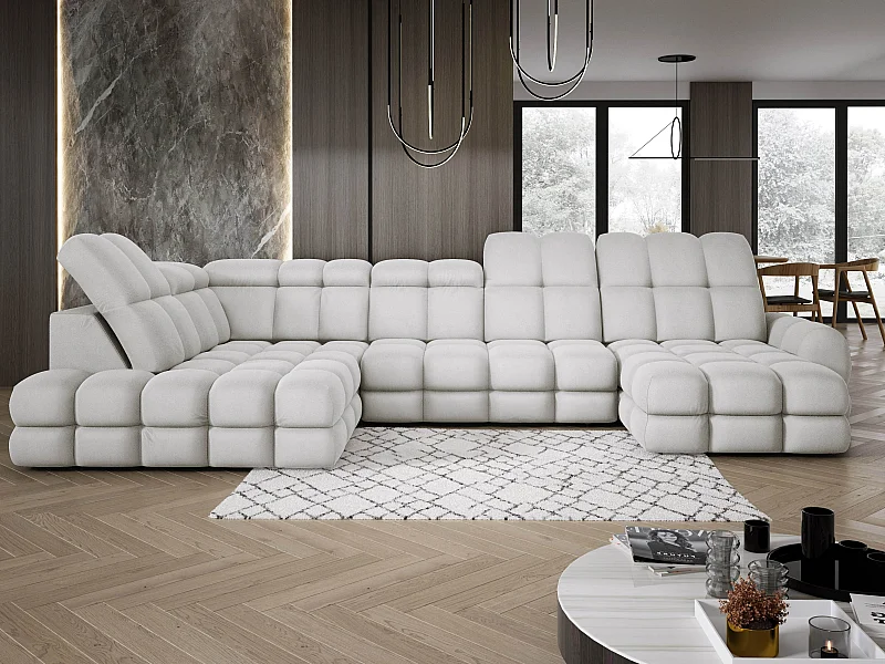 Ecksofa Tollo Esche Solar-Stoff Links 400x217x105 cm, U-Form, Schlaffunktion, Bettkasten 120x85x17 cm, elektrisch verstellbar