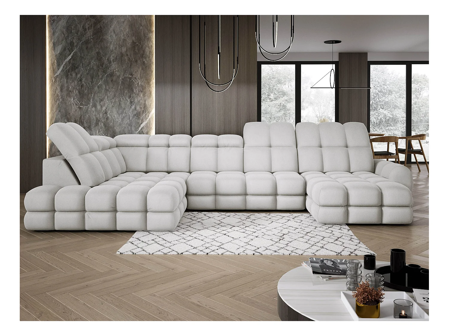 Ecksofa Tollo Esche Solar-Stoff Links 400x217x105 cm, U-Form, Schlaffunktion, Bettkasten 120x85x17 cm, elektrisch verstellbar