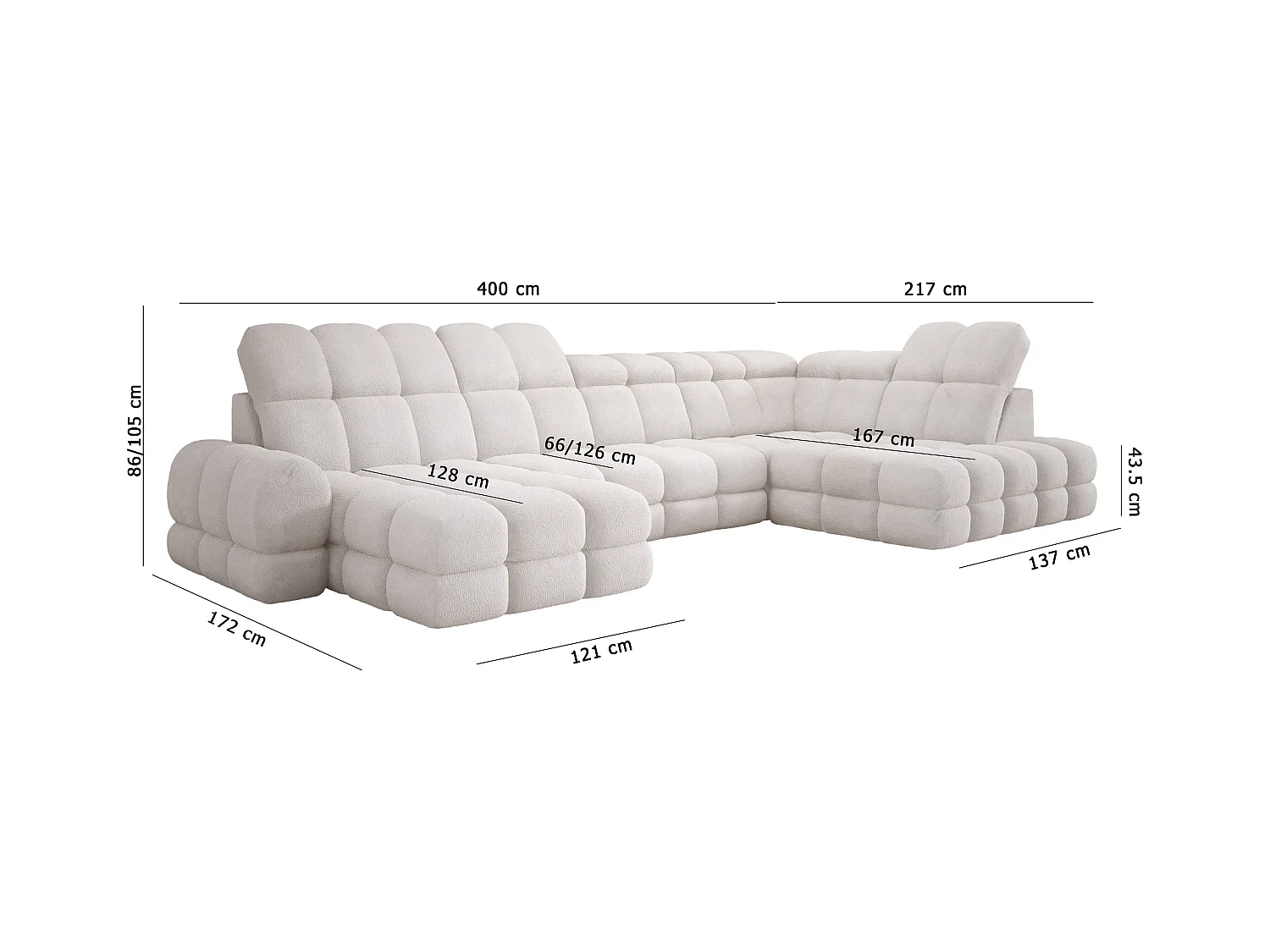 Ecksofa Tollo Esche Solar-Stoff Links 400x217x105 cm, U-Form, Schlaffunktion, Bettkasten 120x85x17 cm, elektrisch verstellbar