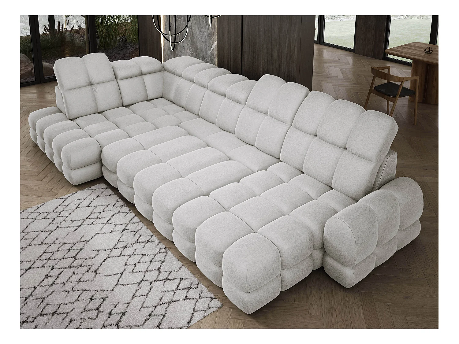 Ecksofa Tollo Esche Solar-Stoff Links 400x217x105 cm, U-Form, Schlaffunktion, Bettkasten 120x85x17 cm, elektrisch verstellbar