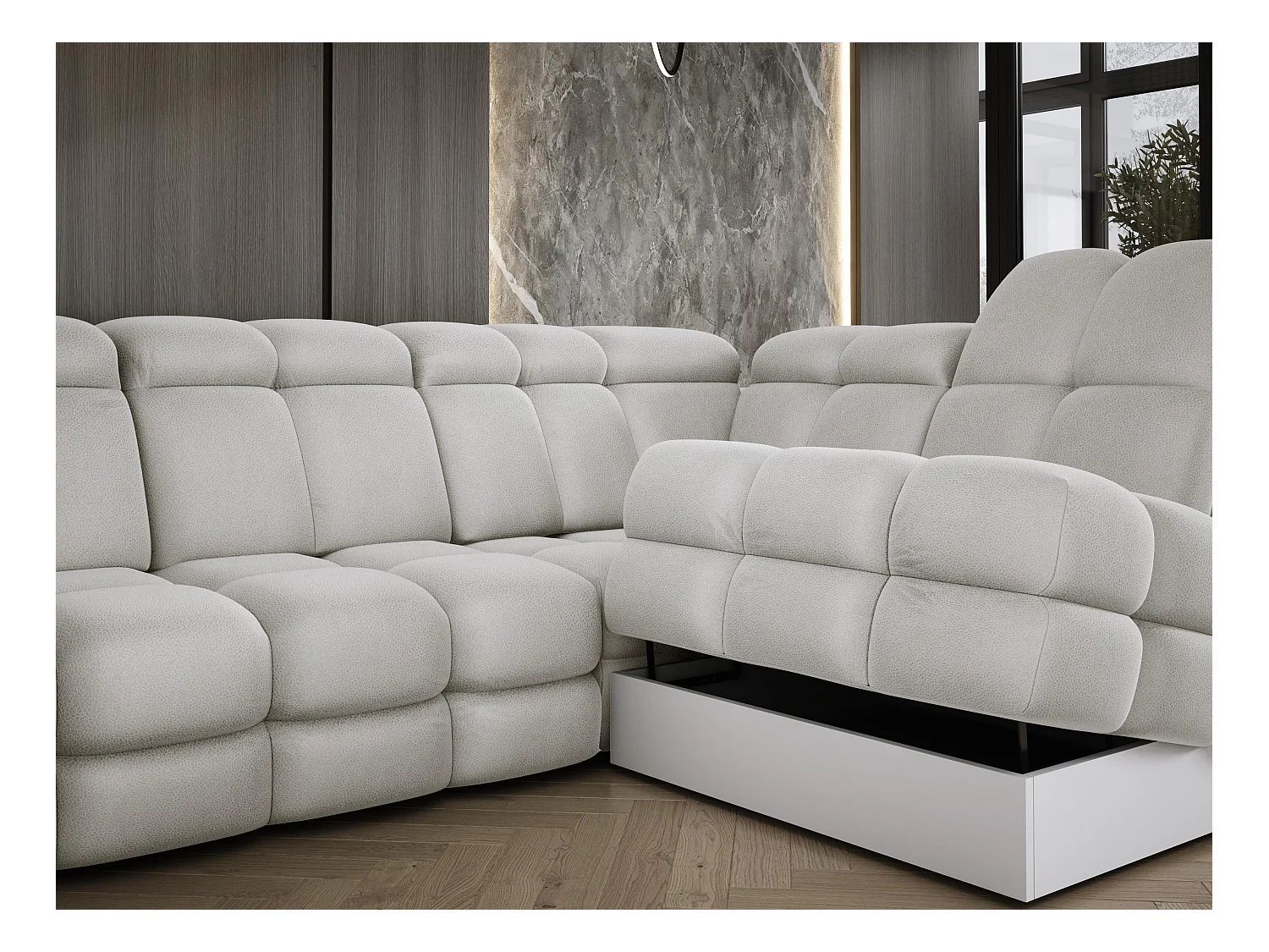 Ecksofa Tollo Esche Solar-Stoff Links 400x217x105 cm, U-Form, Schlaffunktion, Bettkasten 120x85x17 cm, elektrisch verstellbar