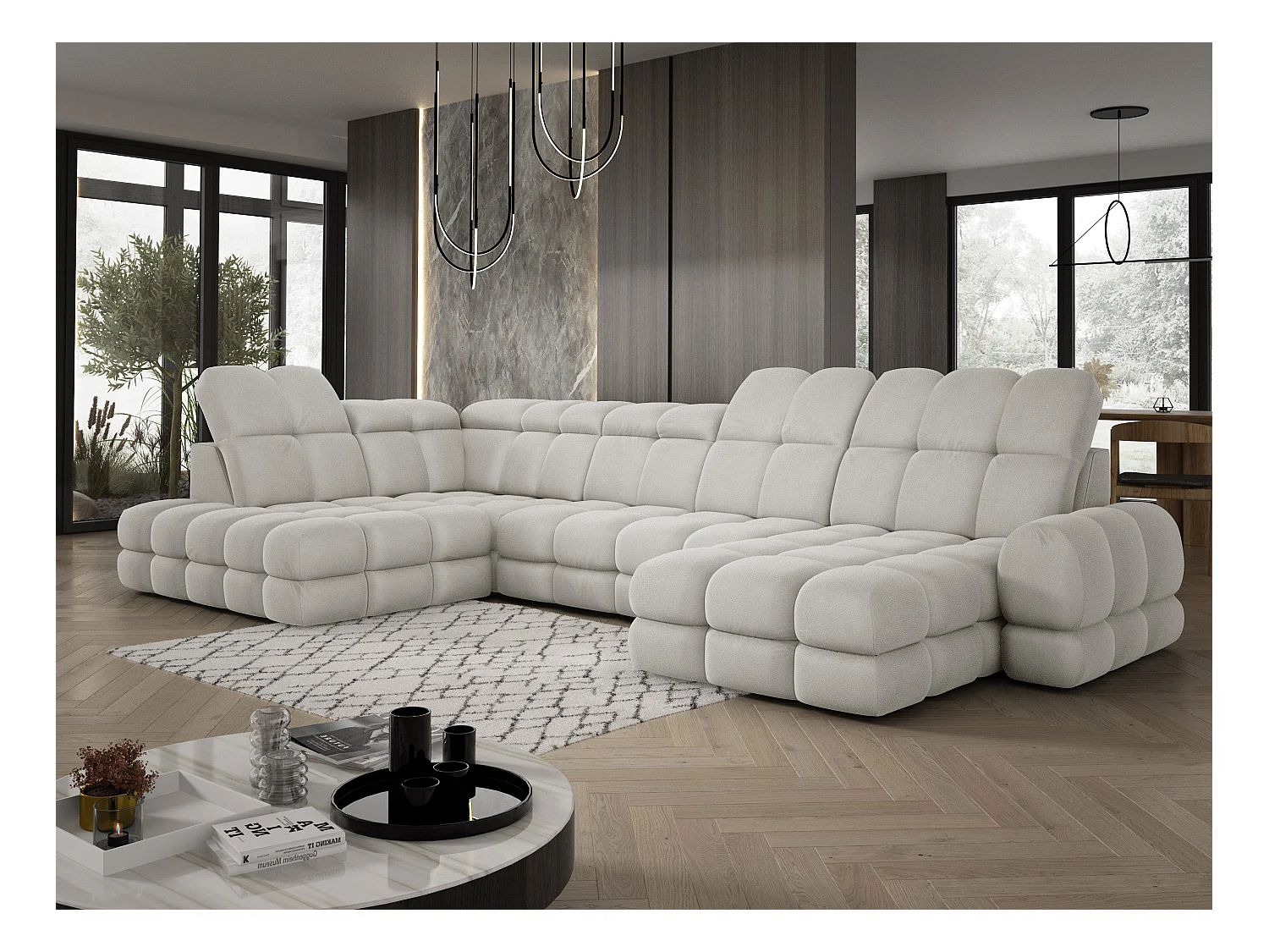 Ecksofa Tollo Esche Solar-Stoff Links 400x217x105 cm, U-Form, Schlaffunktion, Bettkasten 120x85x17 cm, elektrisch verstellbar