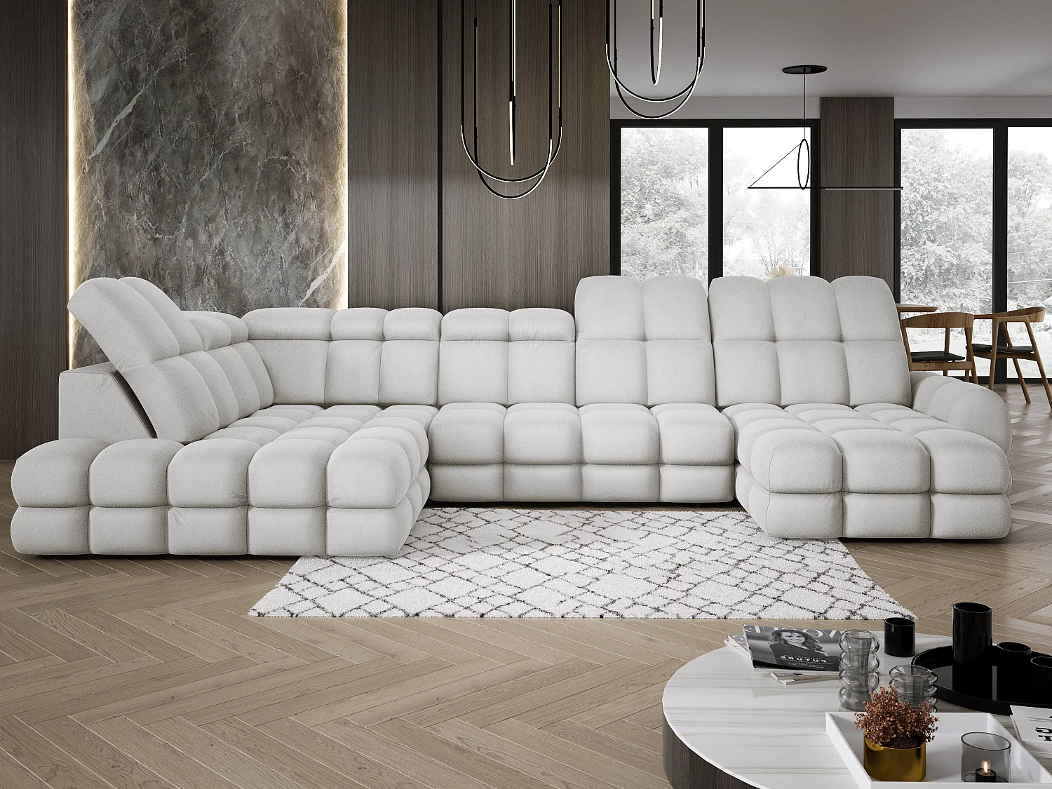 Ecksofa Tollo Esche Solar-Stoff Links 400x217x105 cm, U-Form, Schlaffunktion, Bettkasten 120x85x17 cm, elektrisch verstellbar