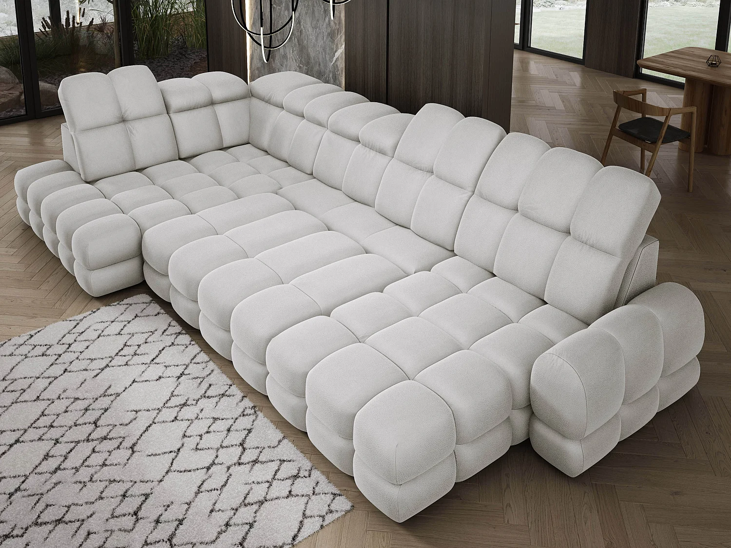 Ecksofa Tollo Esche Solar-Stoff Links 400x217x105 cm, U-Form, Schlaffunktion, Bettkasten 120x85x17 cm, elektrisch verstellbar