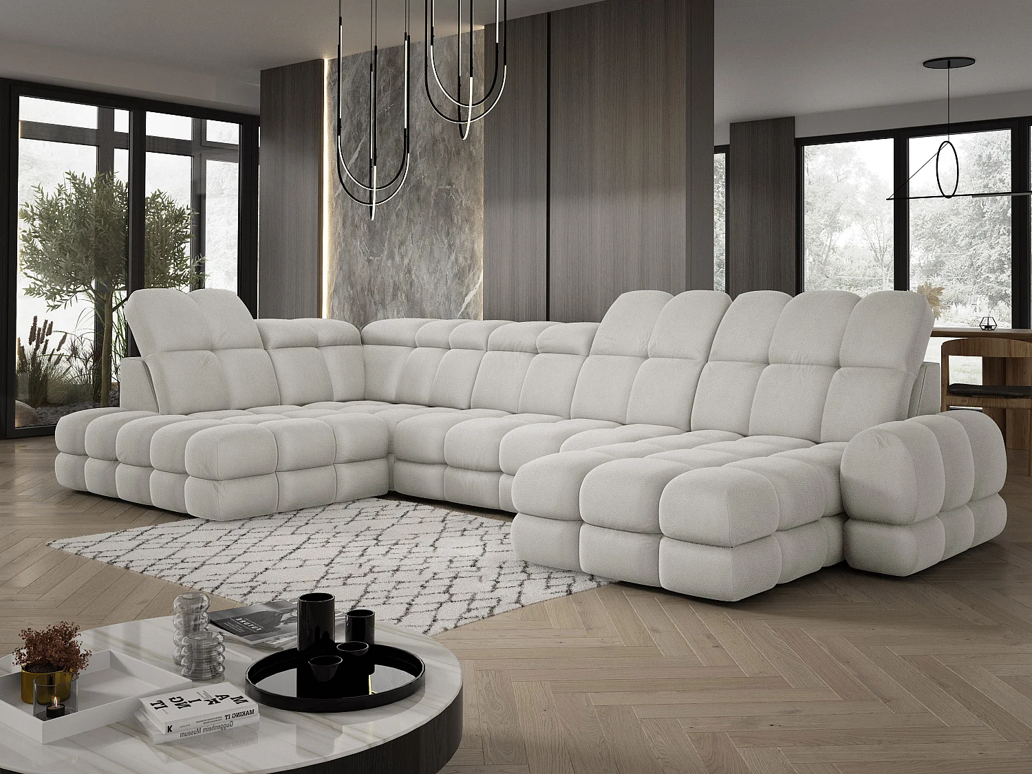 Ecksofa Tollo Esche Solar-Stoff Links 400x217x105 cm, U-Form, Schlaffunktion, Bettkasten 120x85x17 cm, elektrisch verstellbar