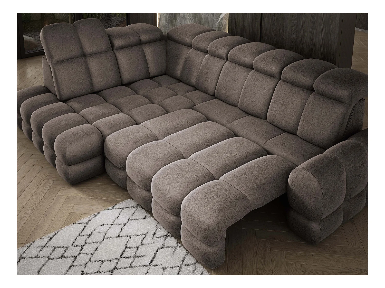 Canapé d'angle Tollo Chocolat tissu Solar côté gauche 302x217x105 cm, forme L, convertible, coffre 120x85x17 cm, réglage électrique