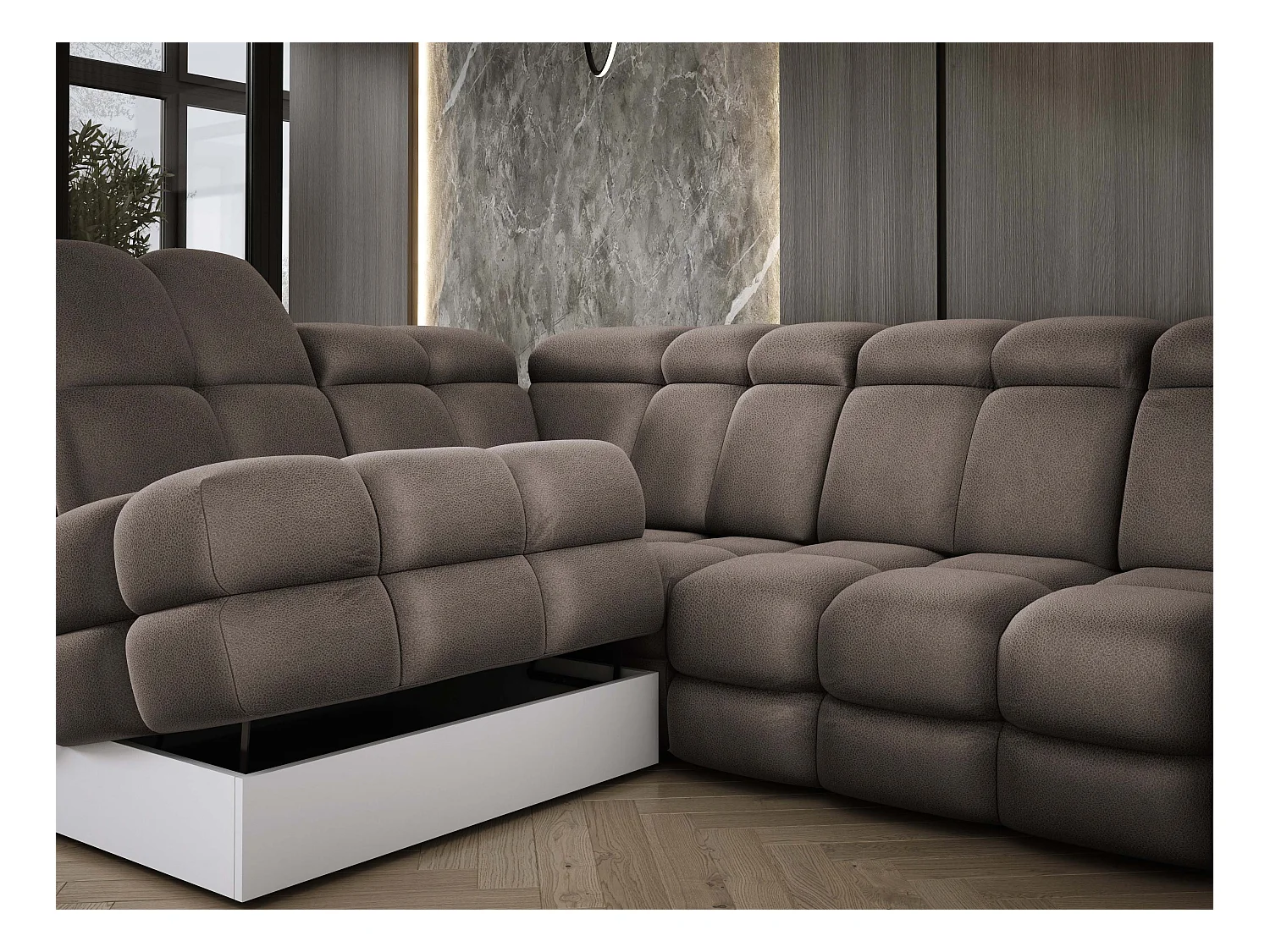 Canapé d'angle Tollo Chocolat tissu Solar côté gauche 302x217x105 cm, forme L, convertible, coffre 120x85x17 cm, réglage électrique