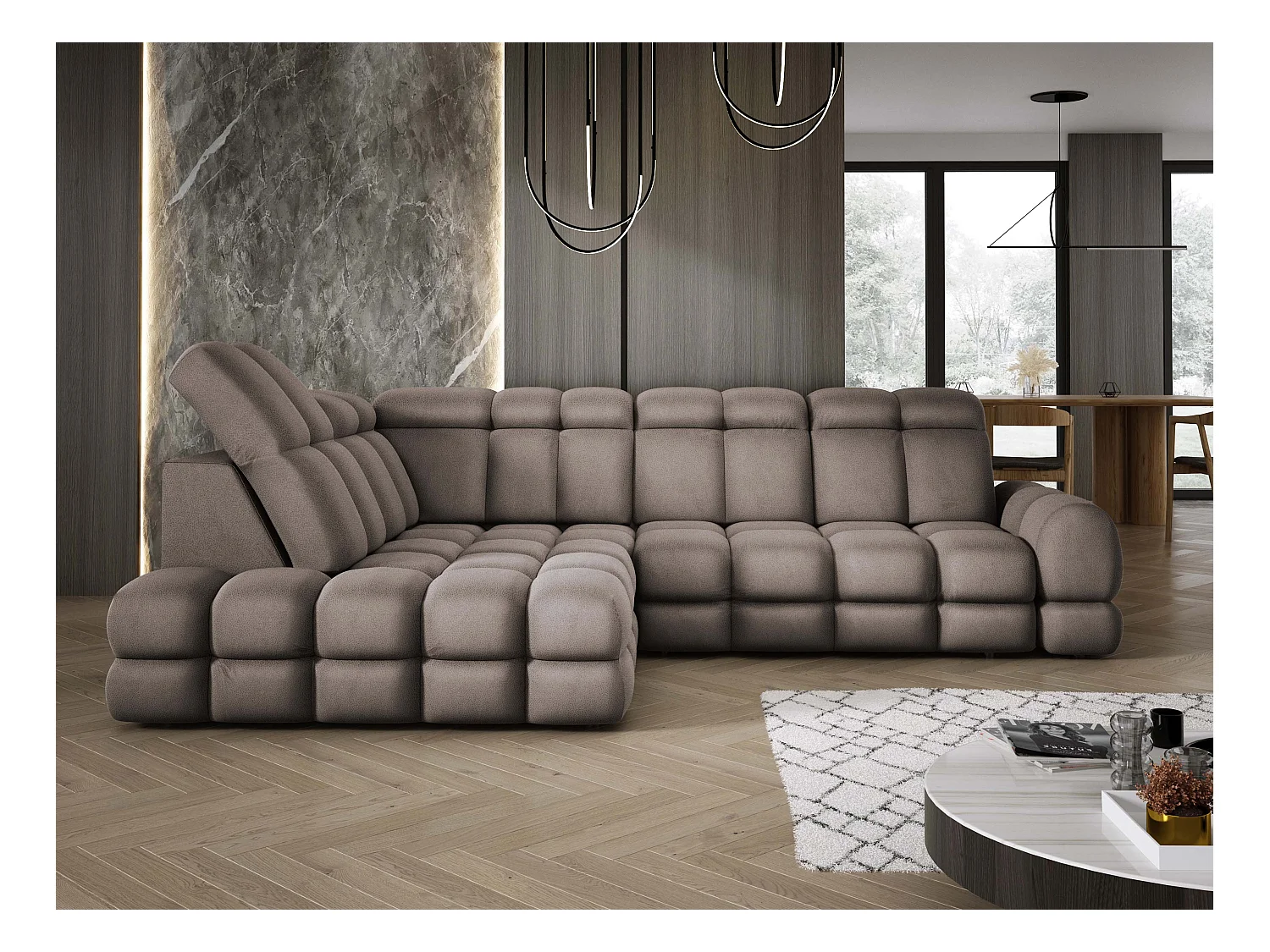 Canapé d'angle Tollo Chocolat tissu Solar côté gauche 302x217x105 cm, forme L, convertible, coffre 120x85x17 cm, réglage électrique