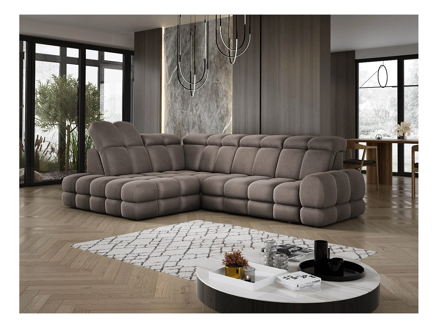 Ecksofa Tollo Schokolade Solar-Stoff links 302x217x105 cm, L-Form, Schlaffunktion, Bettkasten 120x85x17 cm, elektrisch verstellbar