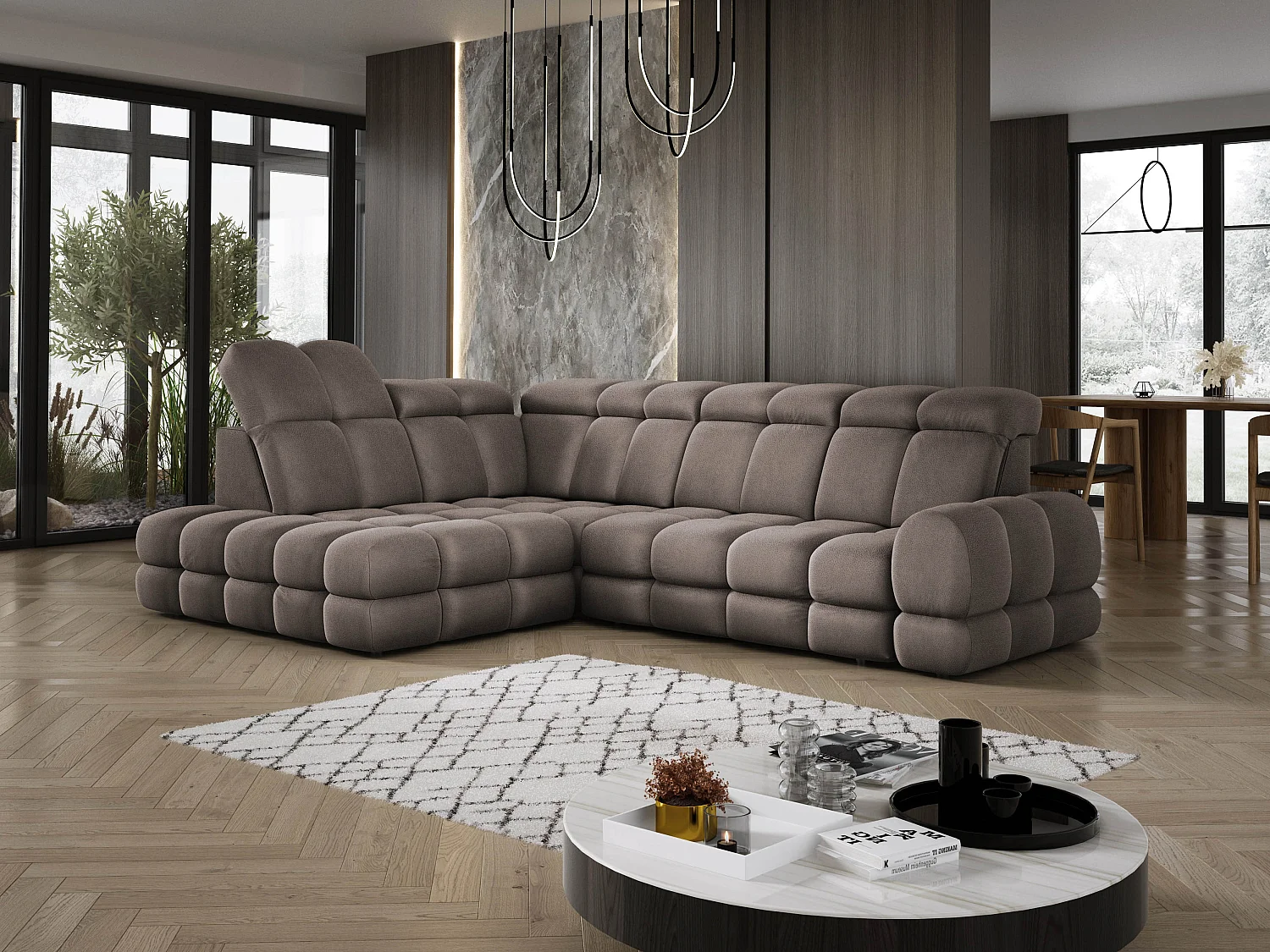 Canapé d'angle Tollo Chocolat tissu Solar côté gauche 302x217x105 cm, forme L, convertible, coffre 120x85x17 cm, réglage électrique