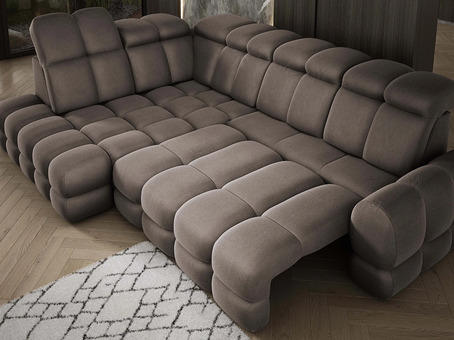 Canapé d'angle Tollo Chocolat tissu Solar côté gauche 302x217x105 cm, forme L, convertible, coffre 120x85x17 cm, réglage électrique