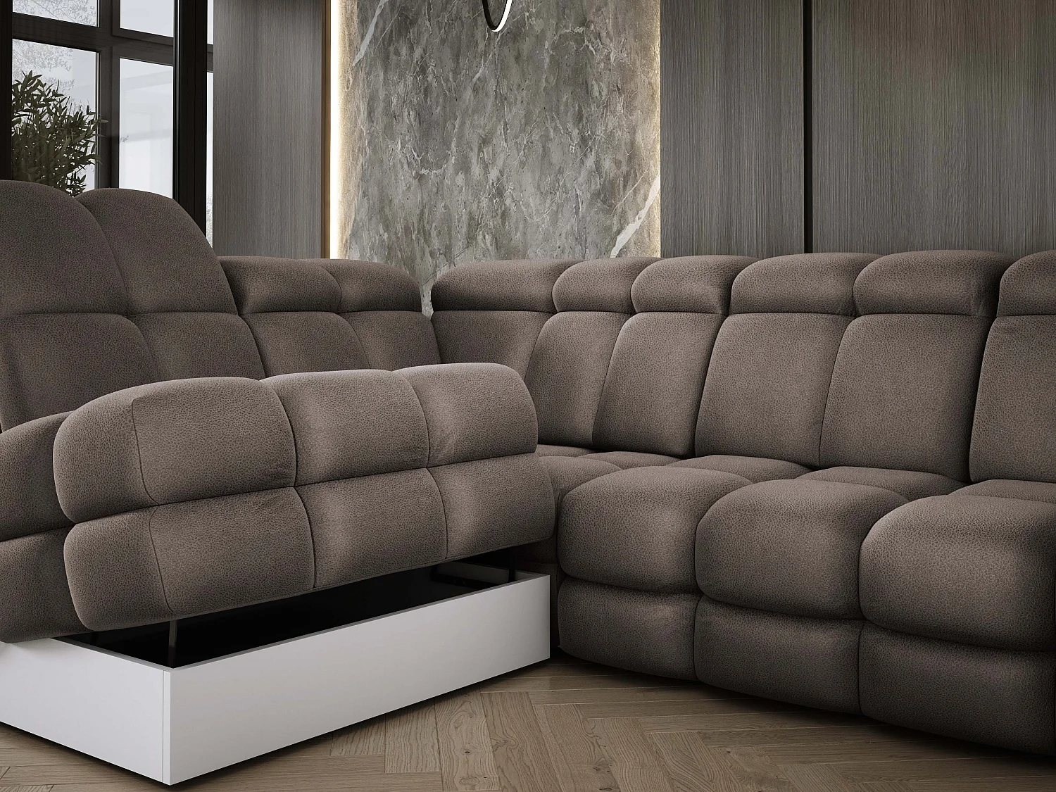 Canapé d'angle Tollo Chocolat tissu Solar côté gauche 302x217x105 cm, forme L, convertible, coffre 120x85x17 cm, réglage électrique