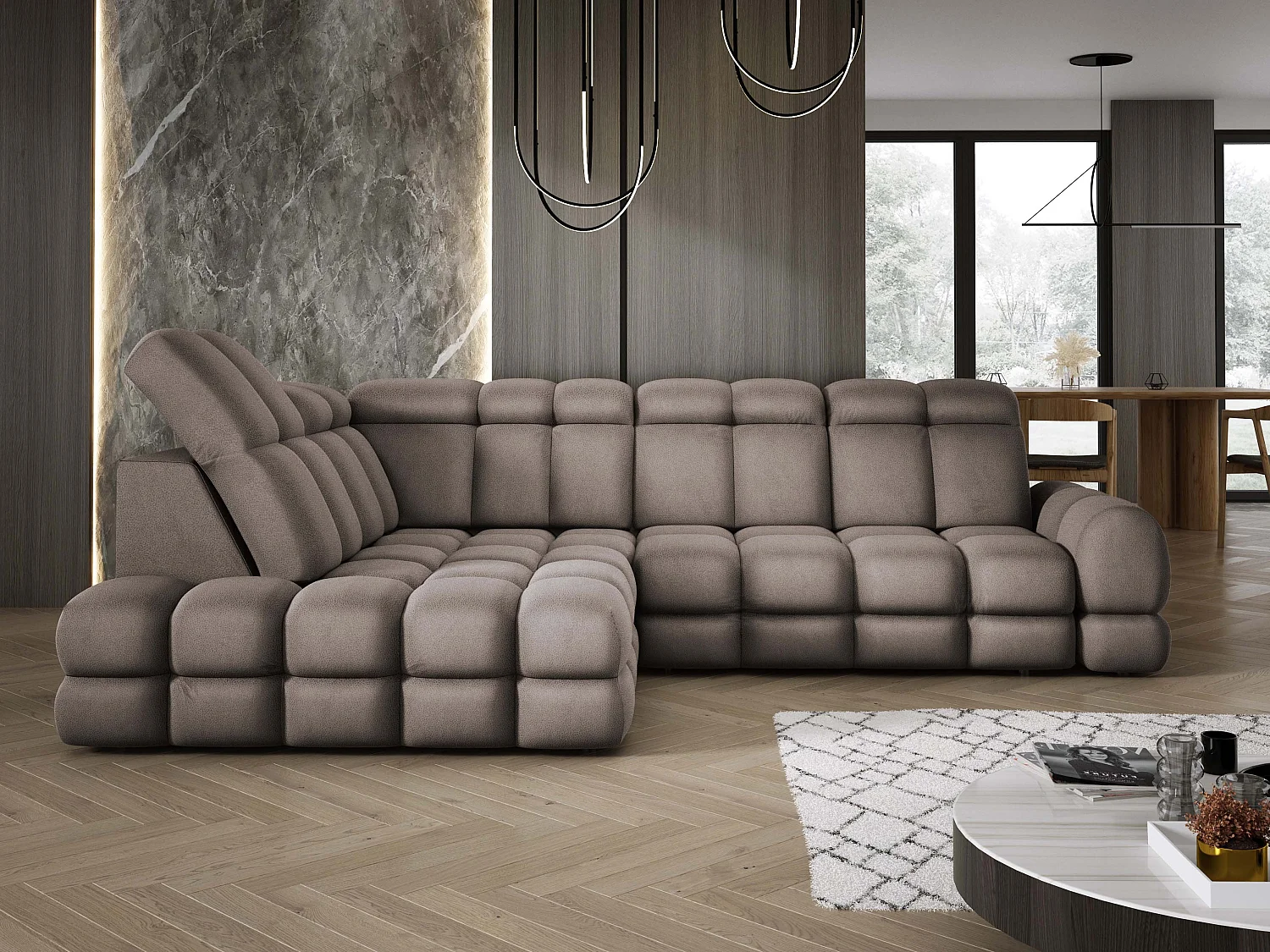 Canapé d'angle Tollo Chocolat tissu Solar côté gauche 302x217x105 cm, forme L, convertible, coffre 120x85x17 cm, réglage électrique