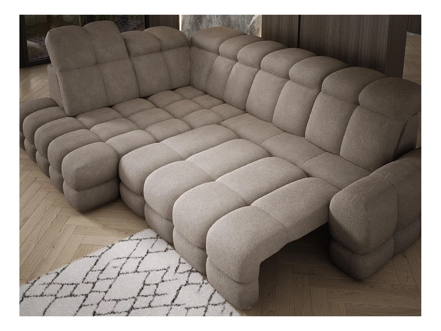 Canapé d'angle Tollo Sable tissu Anthology côté gauche 302x217x105 cm, forme L, convertible, coffre 120x85x17 cm, réglable électriquement