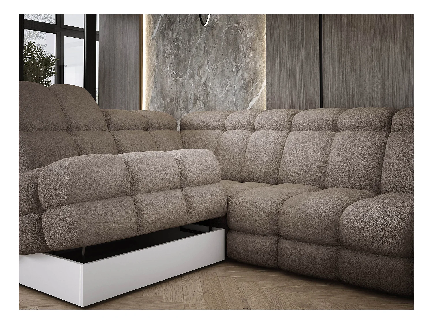 Canapé d'angle Tollo Sable tissu Anthology côté gauche 302x217x105 cm, forme L, convertible, coffre 120x85x17 cm, réglable électriquement