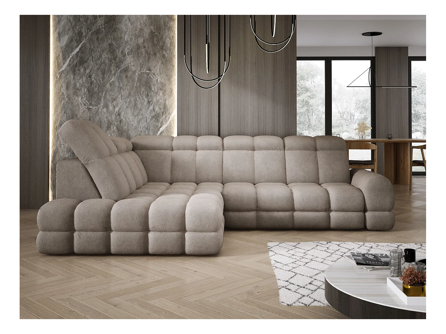 Canapé d'angle Tollo Sable tissu Anthology côté gauche 302x217x105 cm, forme L, convertible, coffre 120x85x17 cm, réglable électriquement