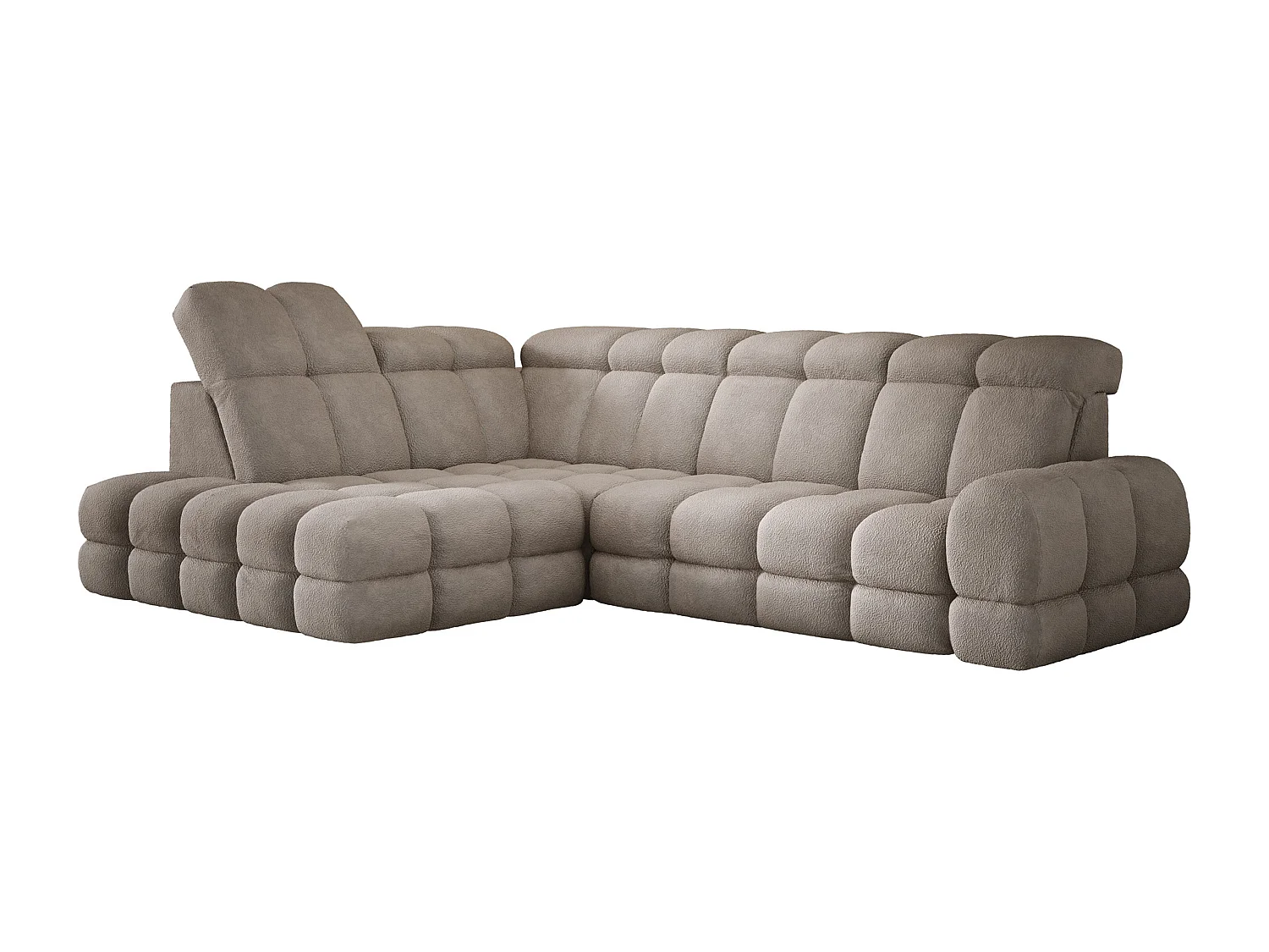 Canapé d'angle Tollo Sable tissu Anthology côté gauche 302x217x105 cm, forme L, convertible, coffre 120x85x17 cm, réglable électriquement