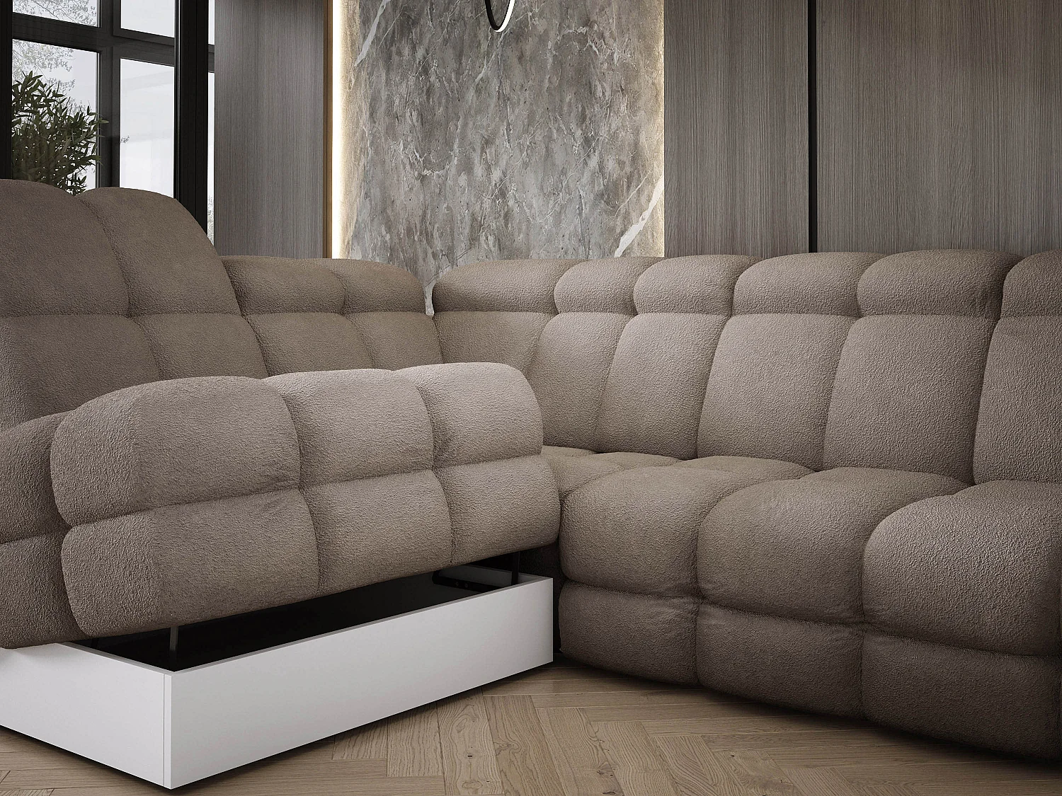 Canapé d'angle Tollo Sable tissu Anthology côté gauche 302x217x105 cm, forme L, convertible, coffre 120x85x17 cm, réglable électriquement