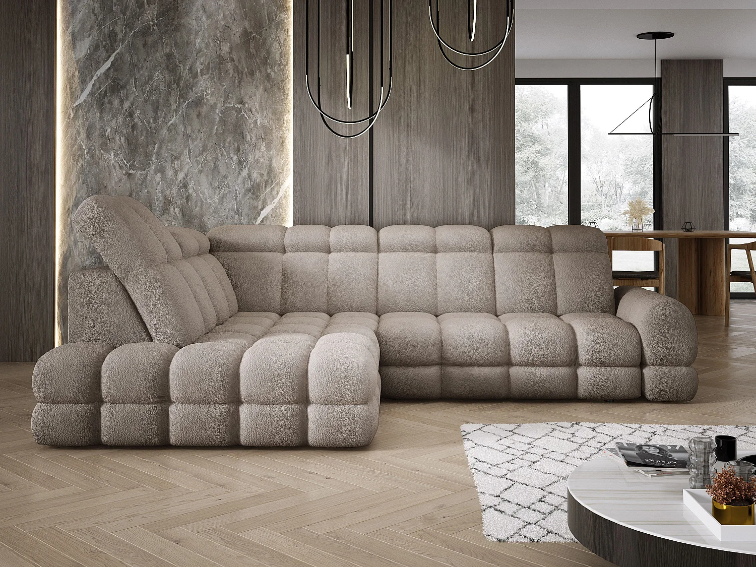 Canapé d'angle Tollo Sable tissu Anthology côté gauche 302x217x105 cm, forme L, convertible, coffre 120x85x17 cm, réglable électriquement