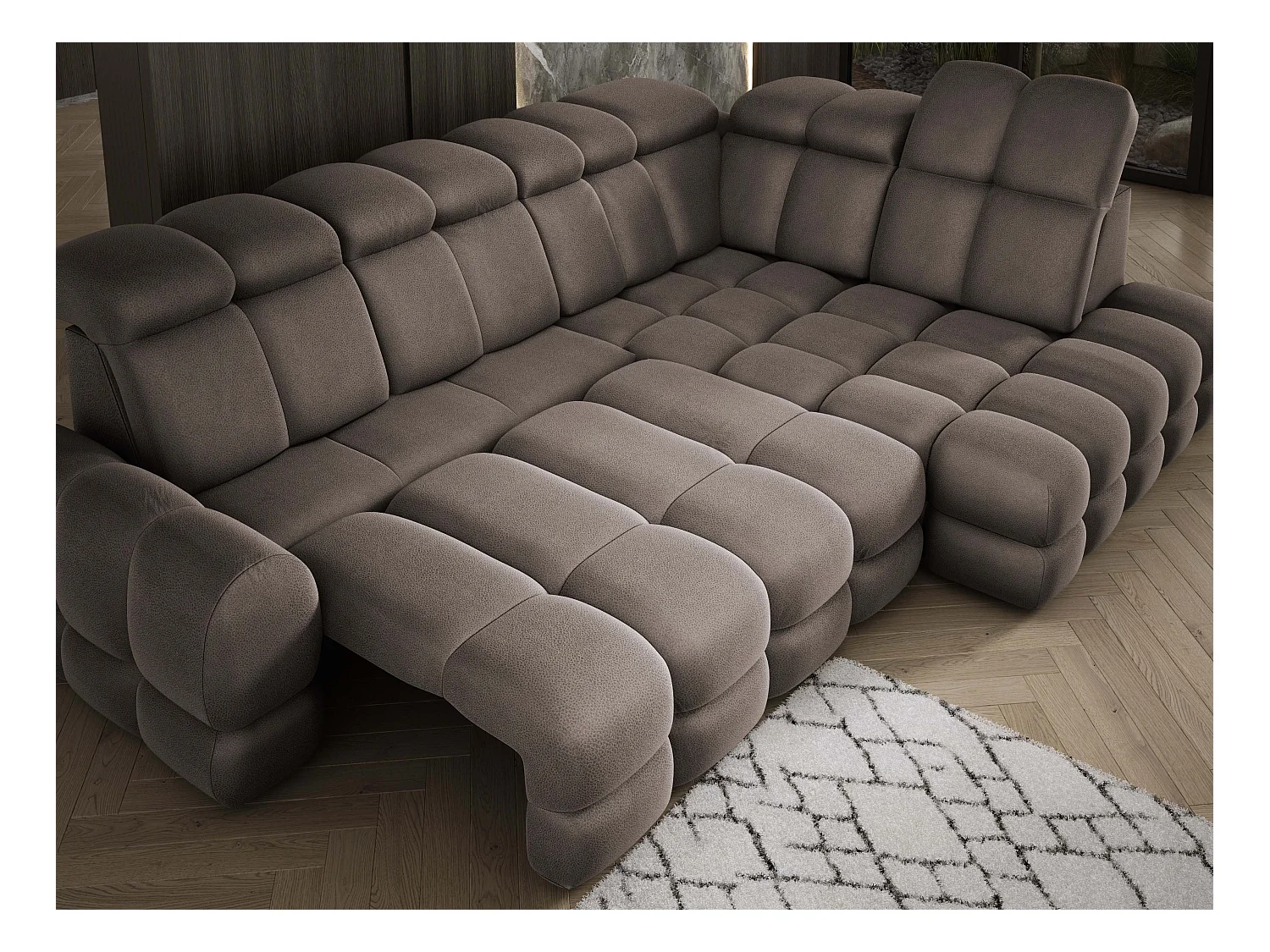 Narożnik Tollo Czekolada Solar-Tkanina Prawa 302x217x105 cm, Sofa L z funkcją spania, pojemnik 120x85x17 cm, elektryczna regulacja