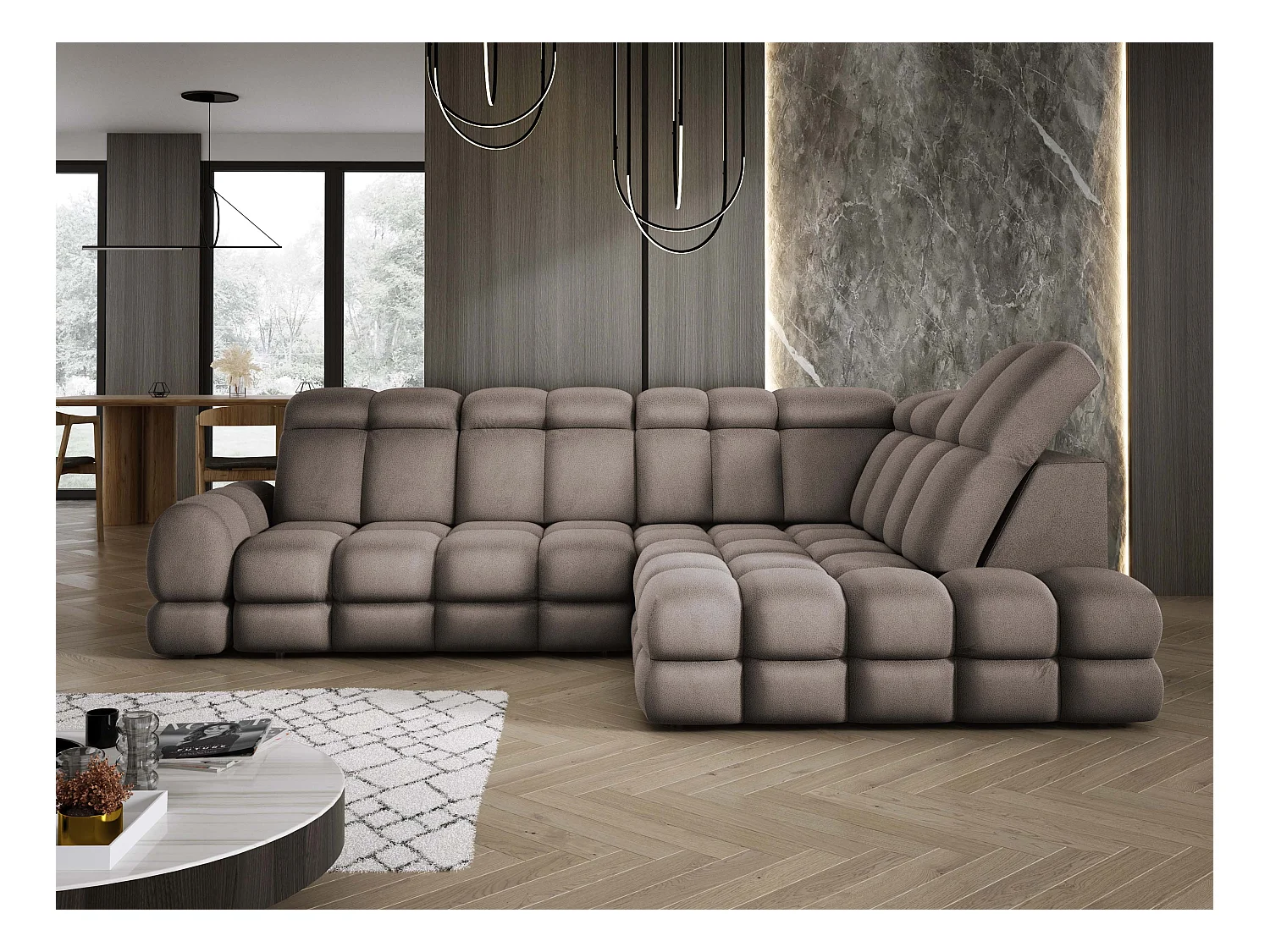 Narożnik Tollo Czekolada Solar-Tkanina Prawa 302x217x105 cm, Sofa L z funkcją spania, pojemnik 120x85x17 cm, elektryczna regulacja