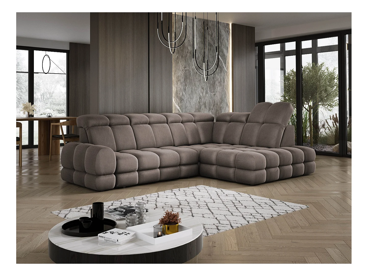 Ecksofa Tollo Schokolade Solar-Stoff rechts 302x217x105 cm, L-Form, Schlaffunktion, Bettkasten 120x85x17 cm, elektrisch verstellbar