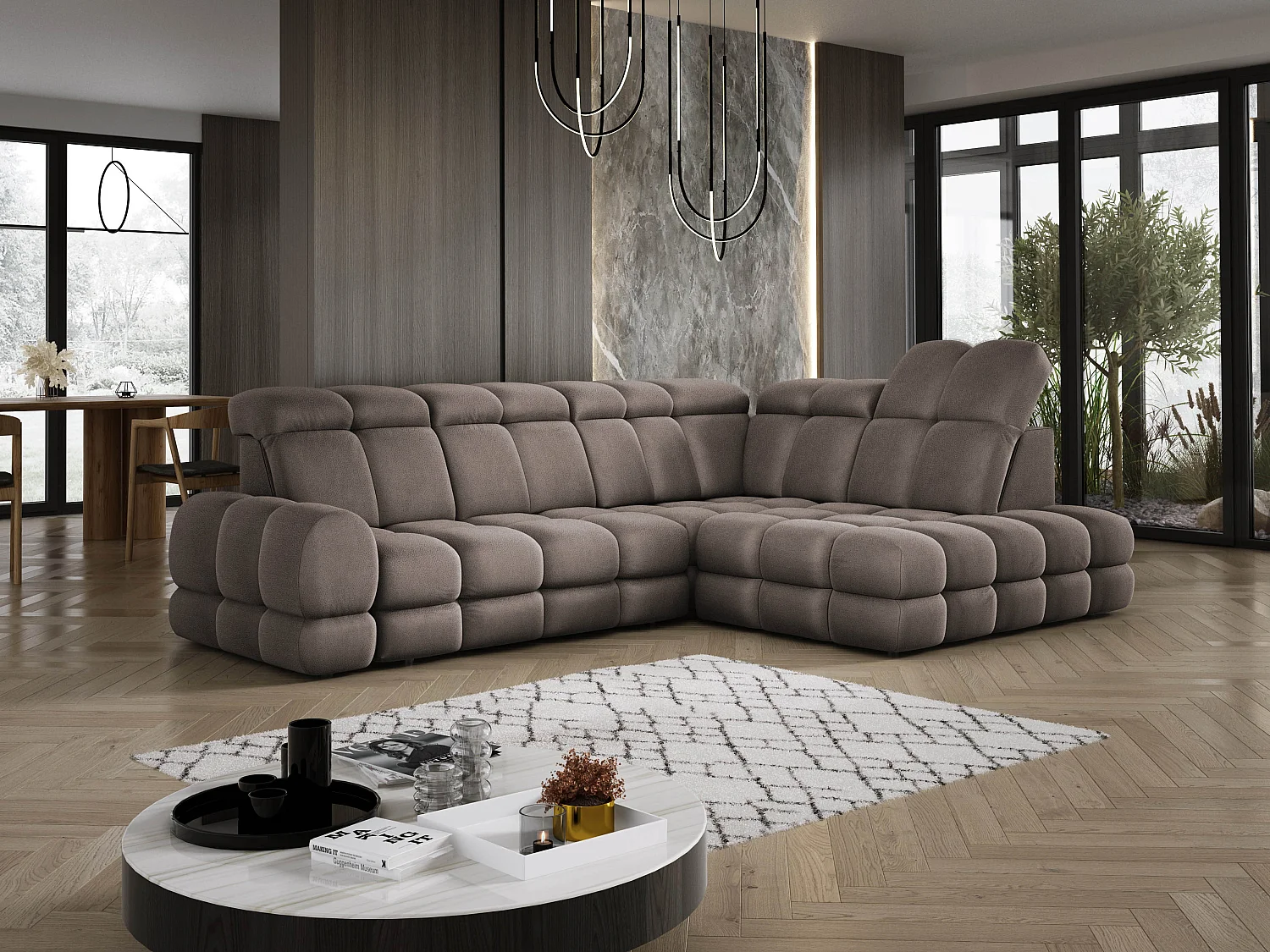 Canapé d'angle Tollo Chocolat tissu Solar côté droit 302x217x105 cm, forme L, convertible, coffre 120x85x17 cm, réglage électrique